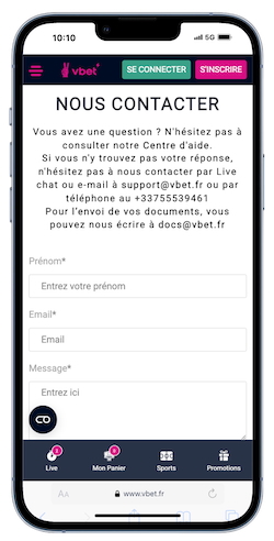 Contacter Vbet via le formulaire