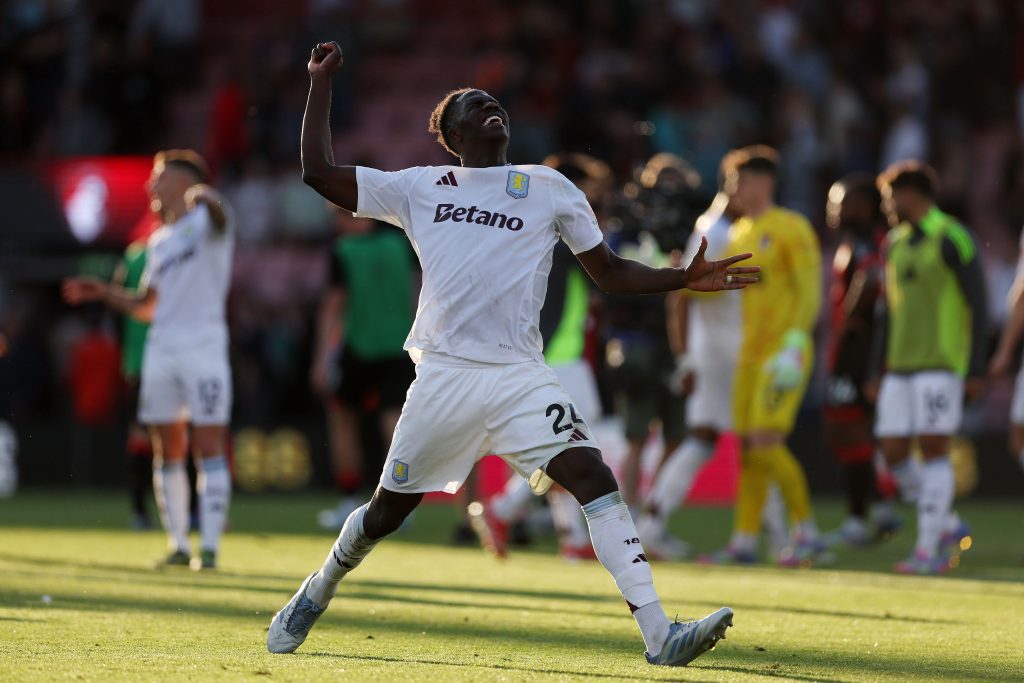 Aston Villa's Amadou Onana celebrates after the Premier League match at the Vitality Stadium, Bournemouth. Picture date: Saturday May 10, 2025.