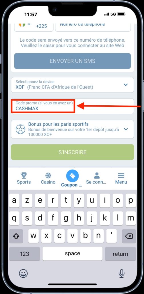 S'inscrire sur l'APK 1xBet