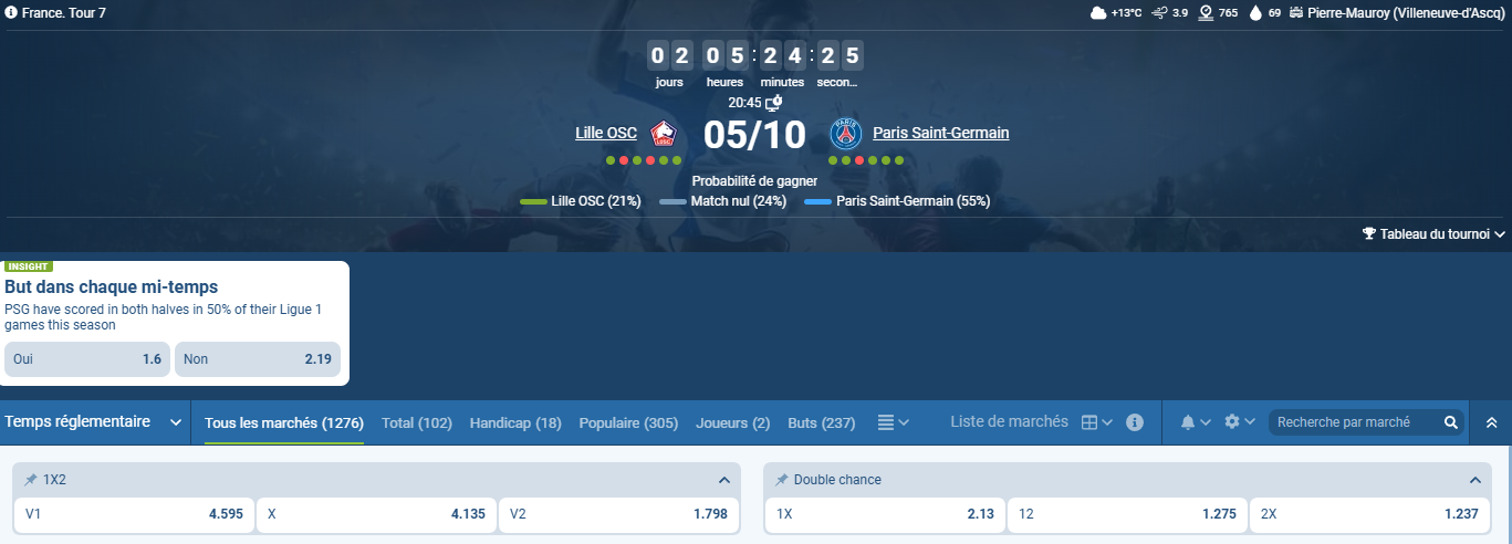 Cotes LOSC PSG 1xBet