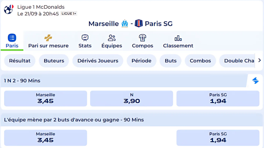 Parions Sport code promo pour Marseille vs PSG, cotes Marseille 3,45, PSG 1,94.