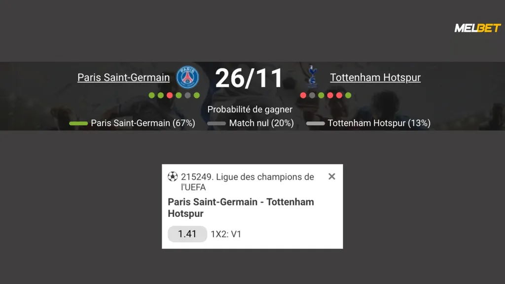 Misez sur la rencontre entre le Paris Saint-Germain et Tottenham en Liga avec le Melbet code promo