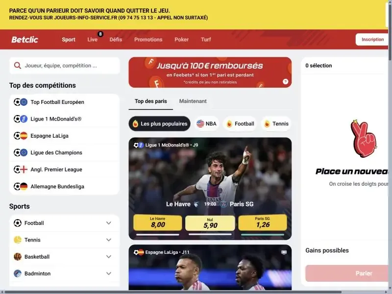Page d'accueil Betclic avec l'offre jusqu'à 100 € remboursés en freebets, capture du 30 octobre 2026