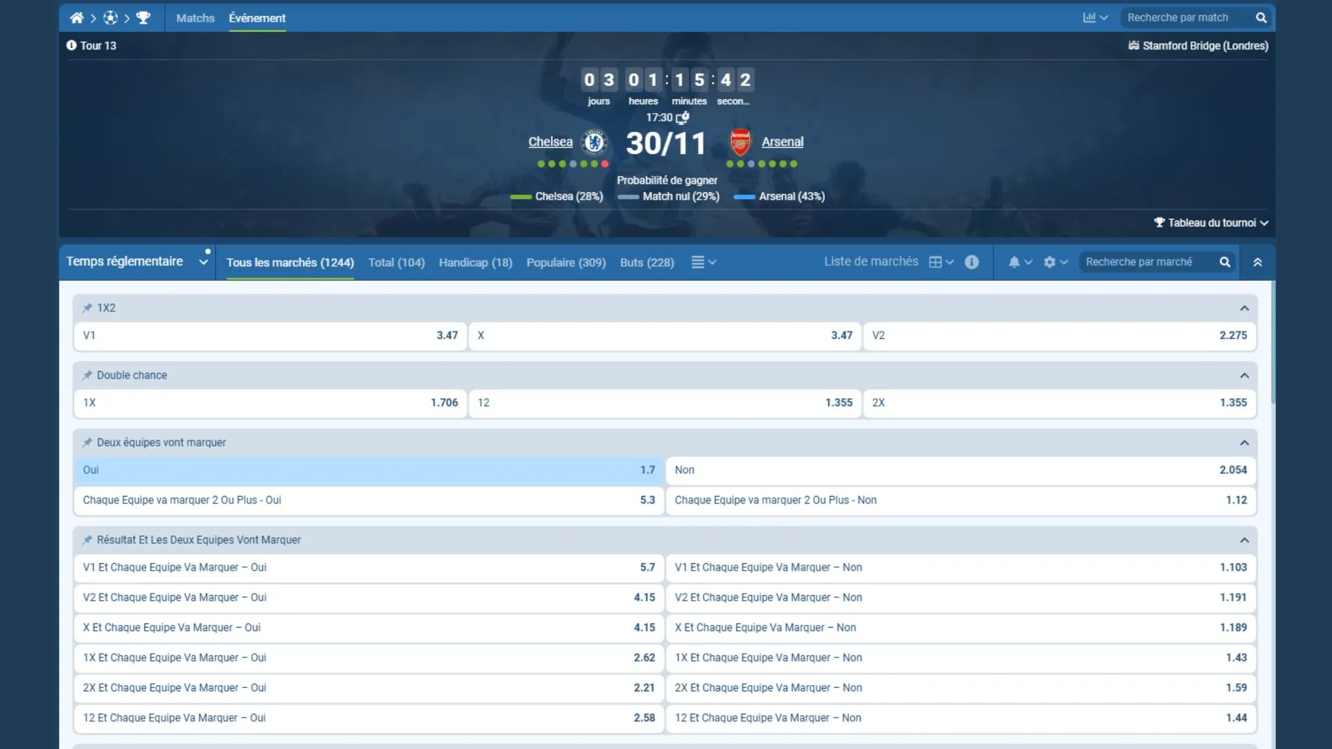 Pariez sur les cotes de Chelsea Arsenal sur 1xBet