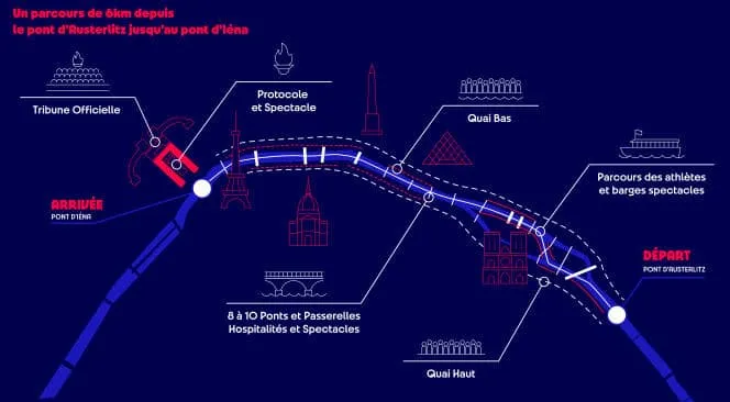 Parcours de la cérémonie d'ouverture des JO de Paris 2024, sur la Seine. 