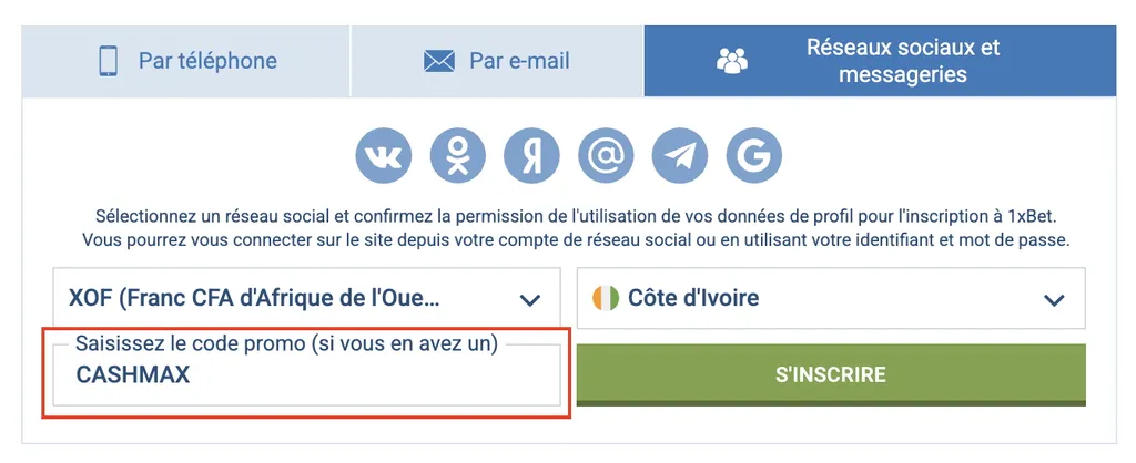 Inscrivez-vous sur 1xBet via les réseaux sociaux