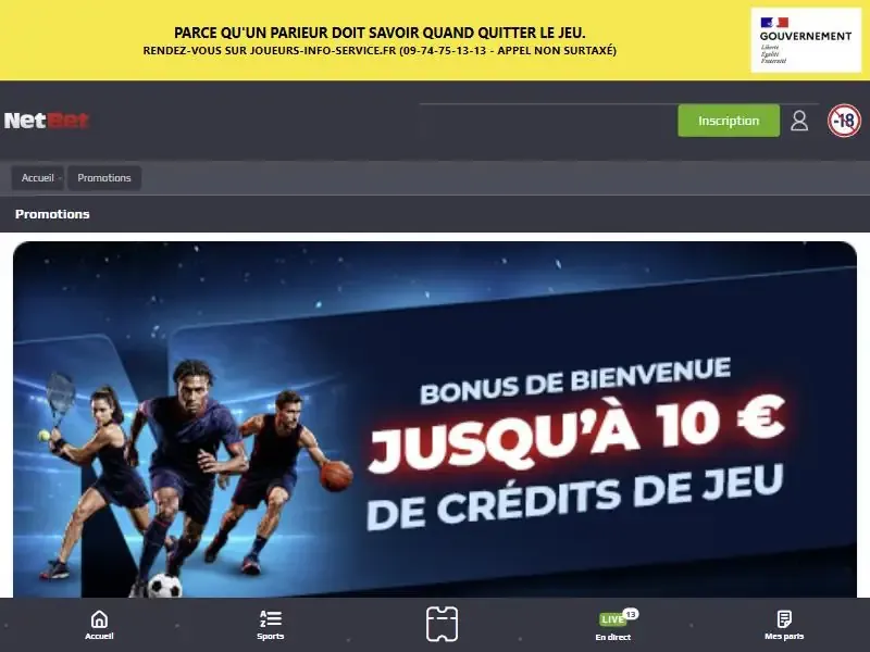 Page promotions NetBet avec le bonus de bienvenue jusqu'à 10 € de crédits de jeu, capture du 30 octobre 2026