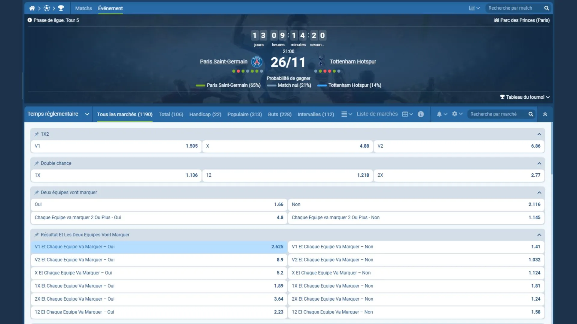 Cotes PSG Tottenham 1xBet