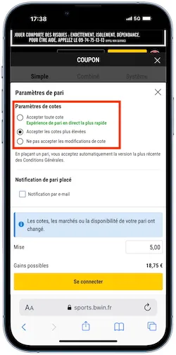 Changements de cote sur les paris Live Bwin