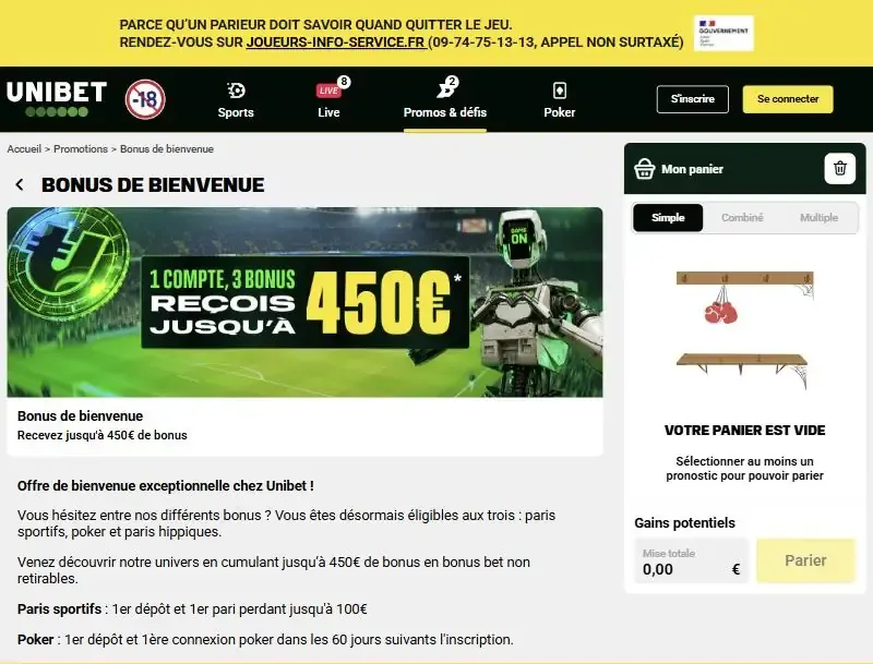 Page du bonus de bienvenue Unibet, jusqu'à 450 € en cumulant sport, poker et turf, capture du 30 octobre 2026