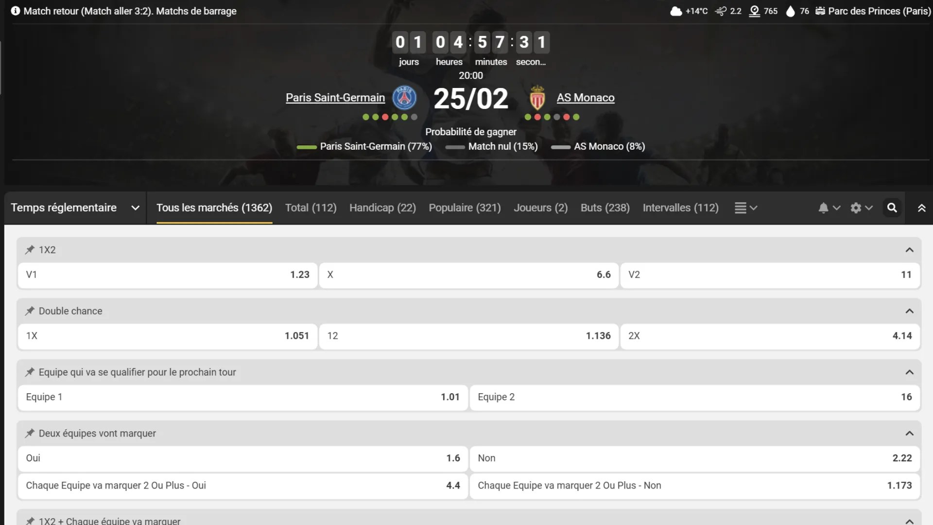 Code promo Melbet : pronostic victoire PSG face à Monaco en Ligue des Champions au Parc des Princes.