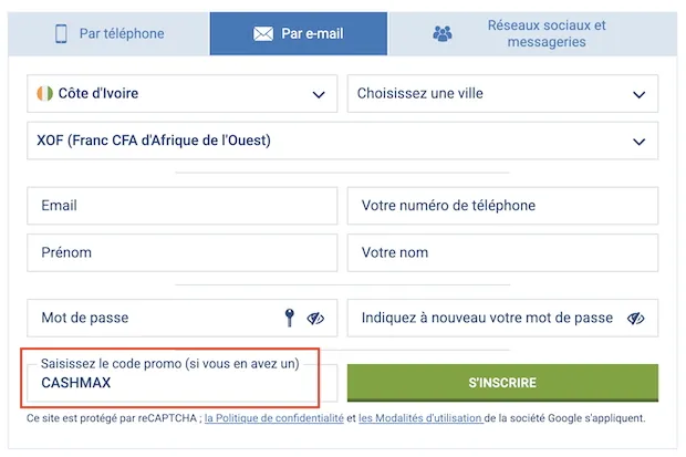 Créer un compte 1xBet par e-mail