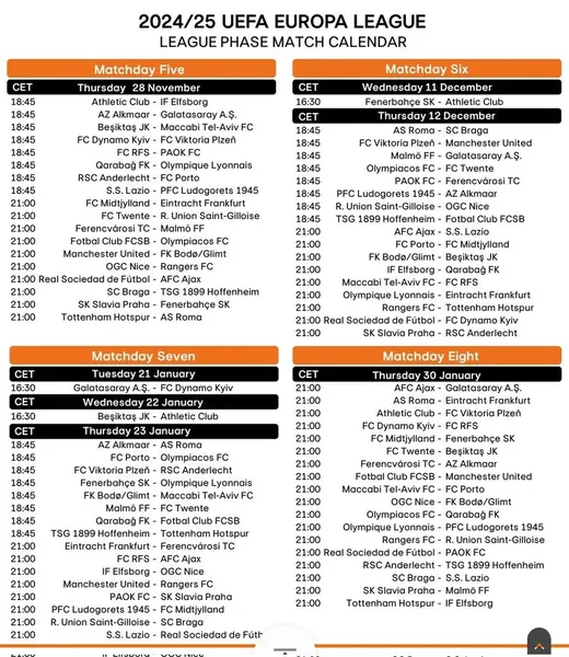Calendrier Europa League 2024-2025 (partie 1).