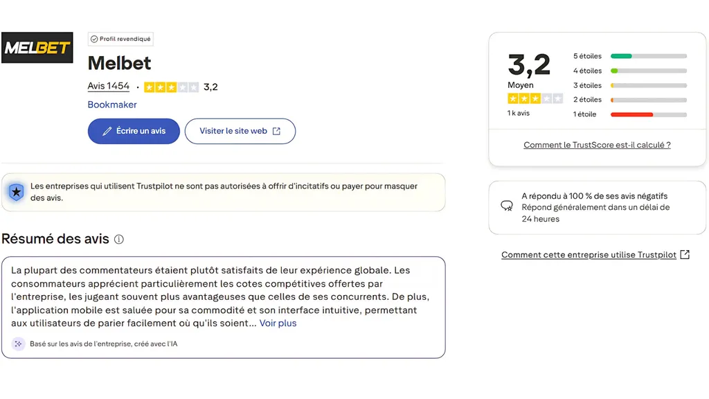 Avis Melbet 2025 note Trustpilot 3,2 sur 5