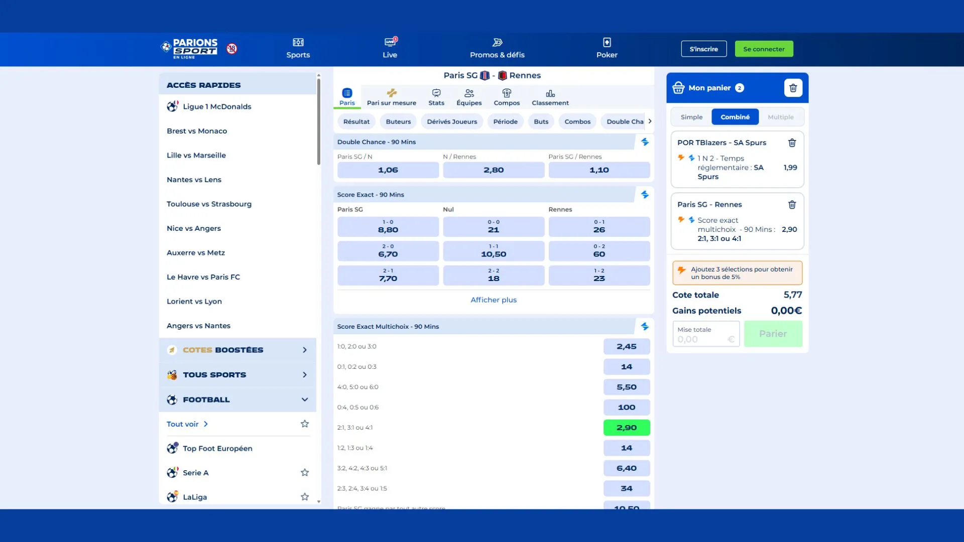 Cotes PSG Rennes Parions Sport
