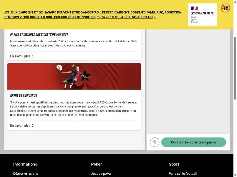 Page promotions PokerStars Sports avec l'offre de bienvenue, mise égalée jusqu'à 100 € en freebets, capture du 30 octobre 2026