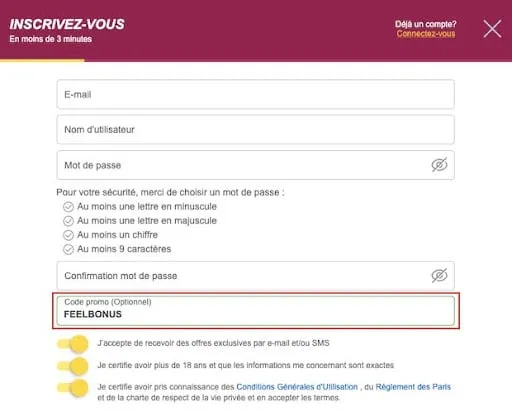 Tapez le code bonus dans le formulaire