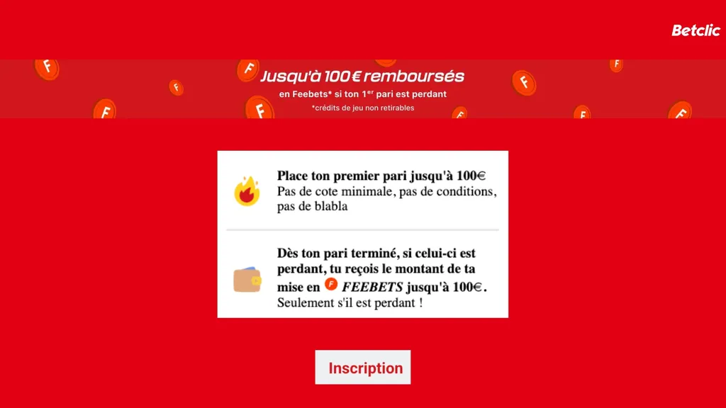Jusqu'à 100 € de bonus feebet avec le code Betclic