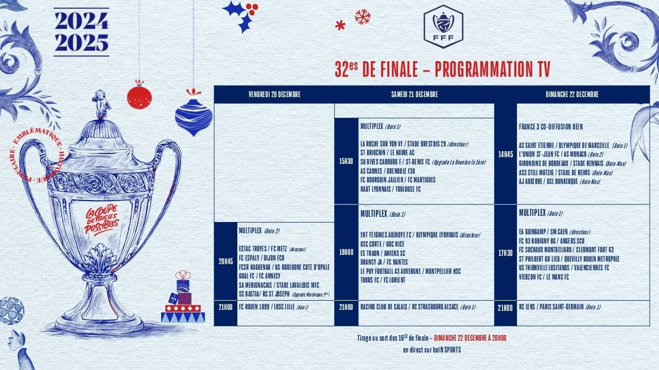 La programmation des 32e de finale de la Coupe de France.