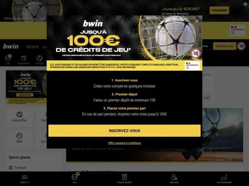 Page d'accueil Bwin avec l'offre jusqu'à 100 € de crédits de jeu, capture du 30 octobre 2026