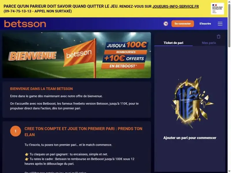 Page de l'offre de bienvenue Betsson, jusqu'à 100 € remboursés plus 10 € offerts en BetBoost, capture du 30 octobre 2026