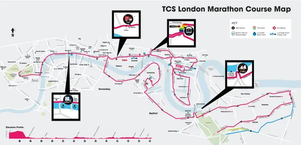 Le parcours du Marathon de Londres 2023 (site officiel TCSMarathonLondon)
