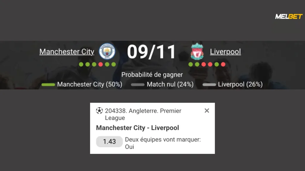Misez sur la rencontre entre Manchester City et Liverpool en Premier League avec le Melbet code promo