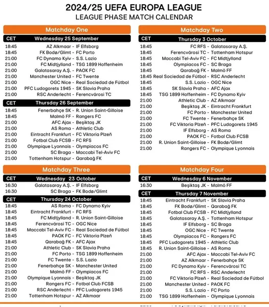 Calendrier Europa League 2024-2025 (partie 1).