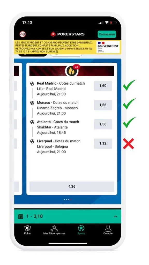 Les paris éligibles au bonus sur l'app PokerStars