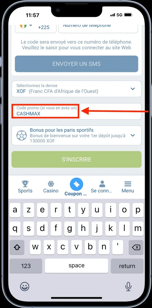 S'inscrire sur l'APK 1xBet