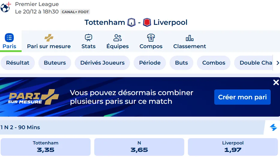 jouez sur le match de premier league tottenham vs liverpool avec ces cotes et le code promo parions sport 