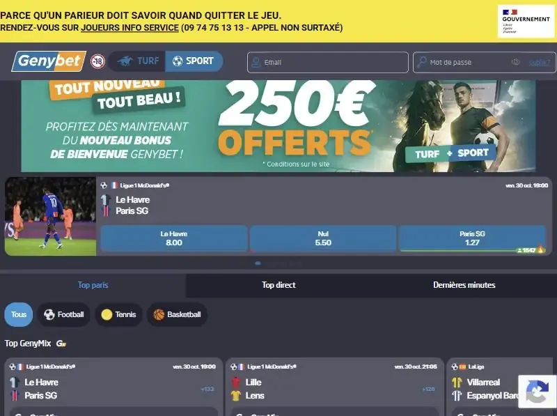 Page paris sportifs Genybet avec le bonus de bienvenue turf et sport, capture du 30 octobre 2026