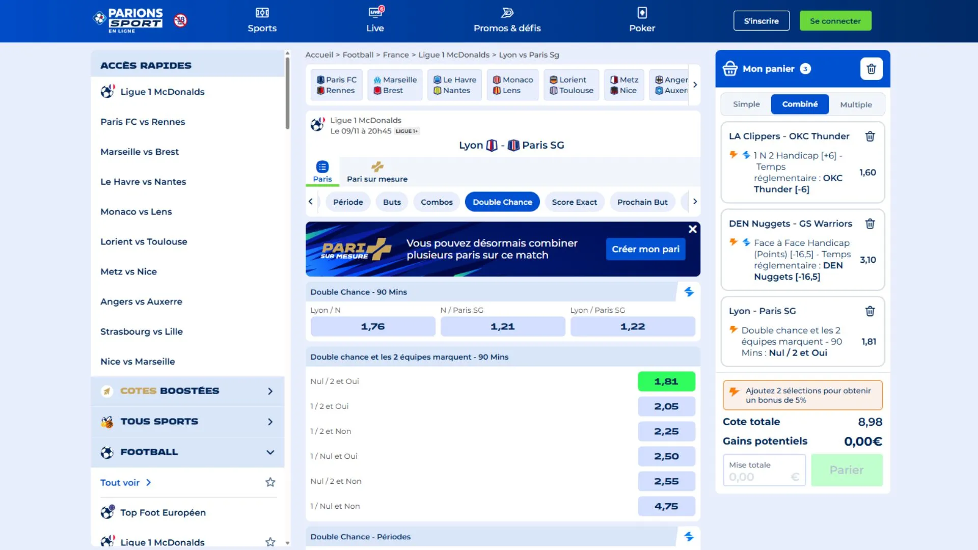 Cotes Lyon PSG Parions Sport