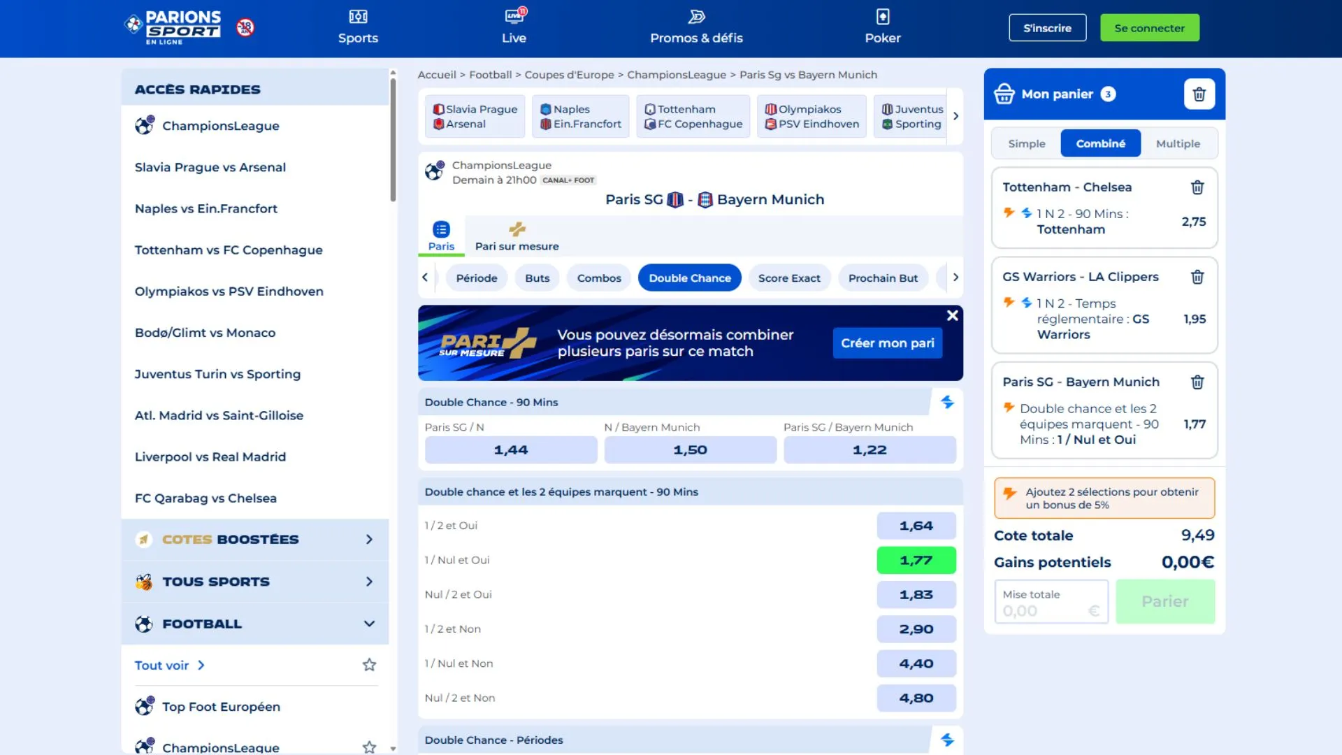 Cotes PSG Bayern Parions Sport