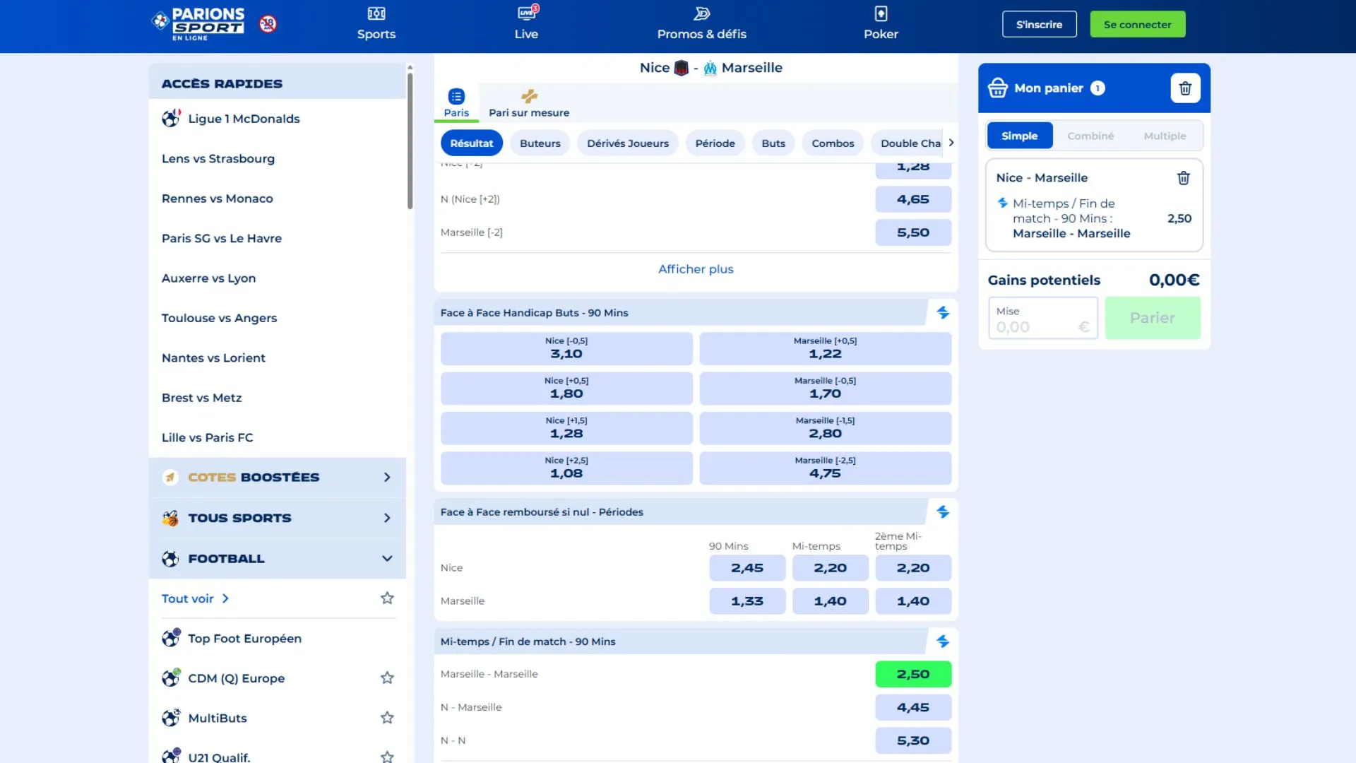 Cotes Nice Marseille Parions Sport