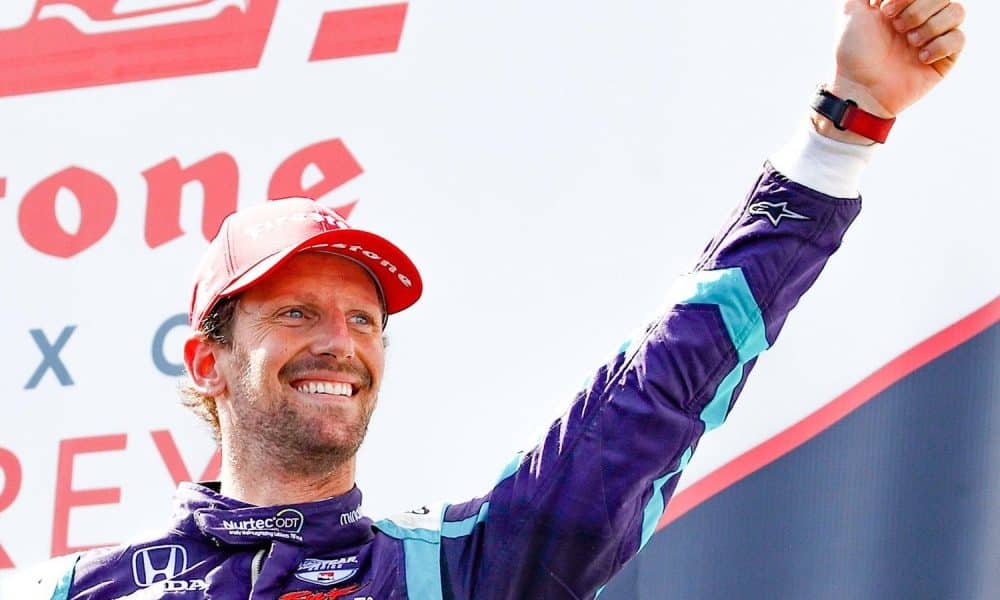 Romain Grosjean célébrant un podium en IndyCar avec